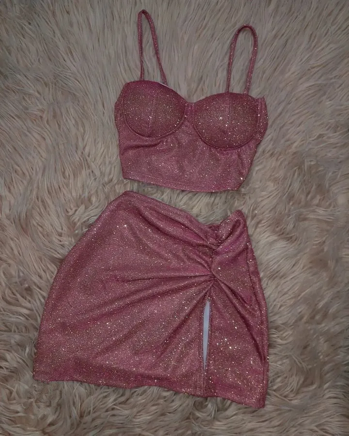 Robe de soirée courte bustier rose à paillettes deux pièces pour le bal de fin d'année
