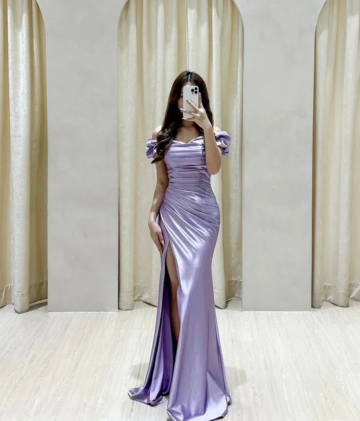 Robe de soirée longue sans manches en satin lilas, robe de bal formelle