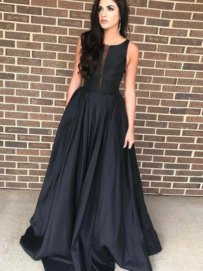 Robe de bal noire élégante en satin, coupe trapèze, taille naturelle