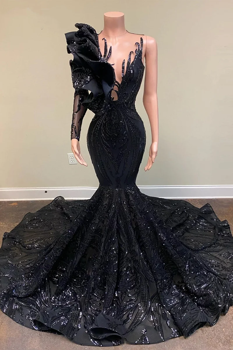 Robe de bal longue sirène noire asymétrique à sequins, à une épaule.