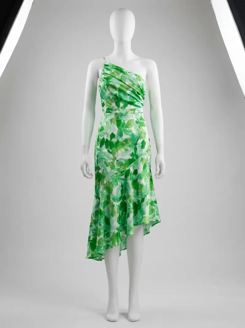 Robe fluide polyester asymétrique fleurie midi femme