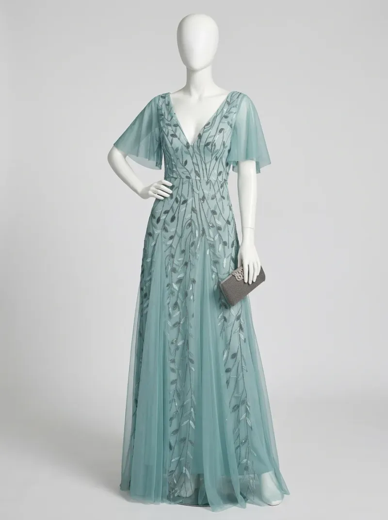 Robe fluide mariage élégante femme manches courtes