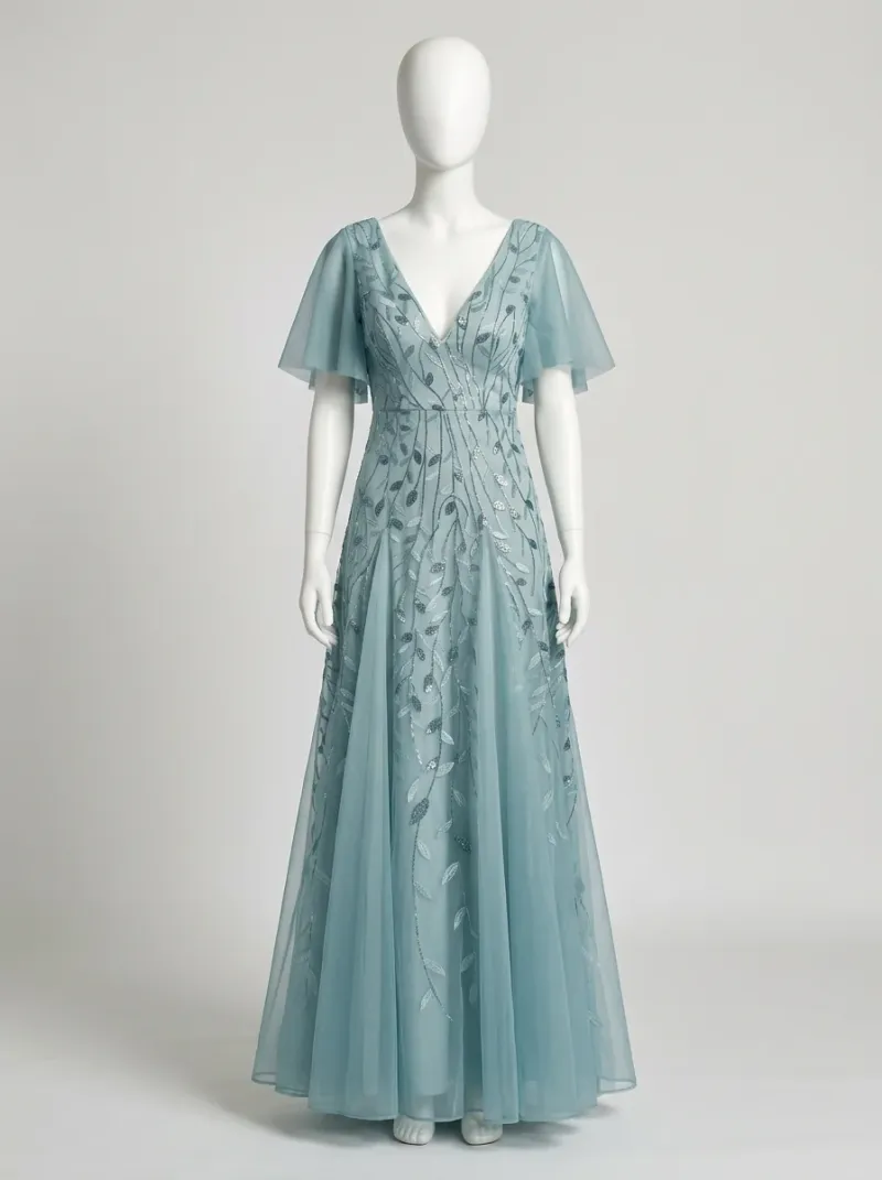 Robe fluide mariage élégante femme manches courtes