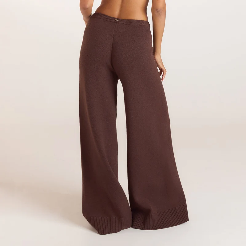 Pantalon en Maille à Ourlets Côtelés - Chocolat