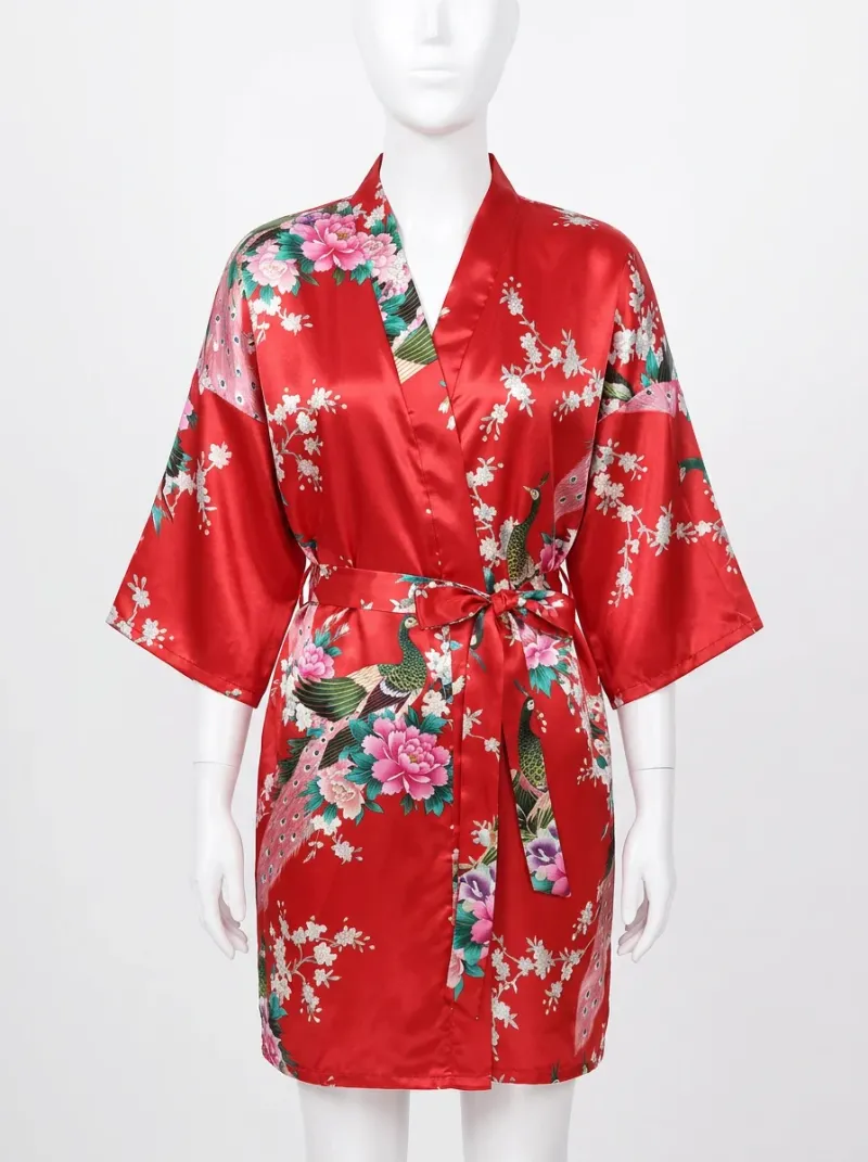 Kimono court polyester soyeux fleurs japonaises femme décontracté