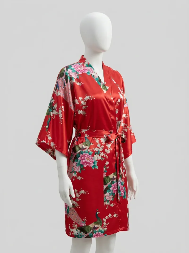 Kimono court polyester soyeux fleurs japonaises femme décontracté