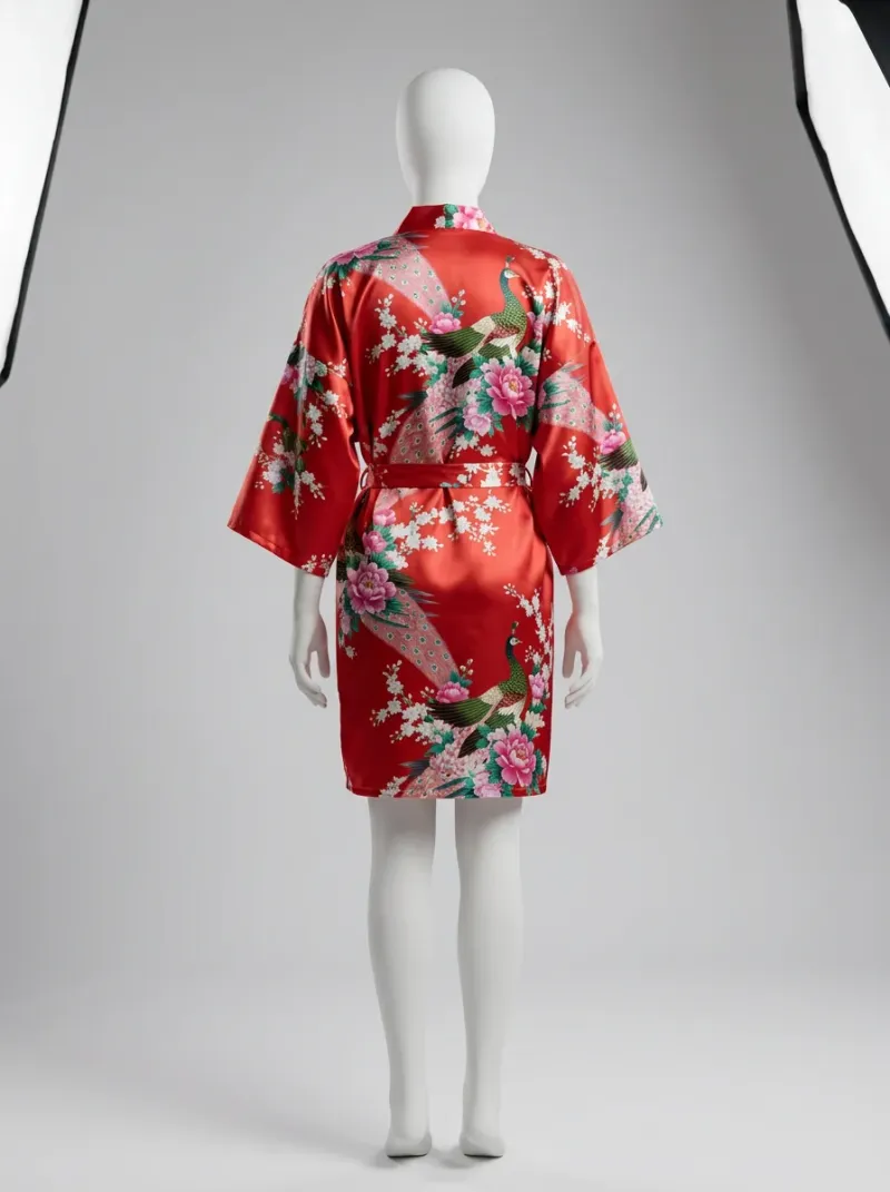 Kimono court polyester soyeux fleurs japonaises femme décontracté