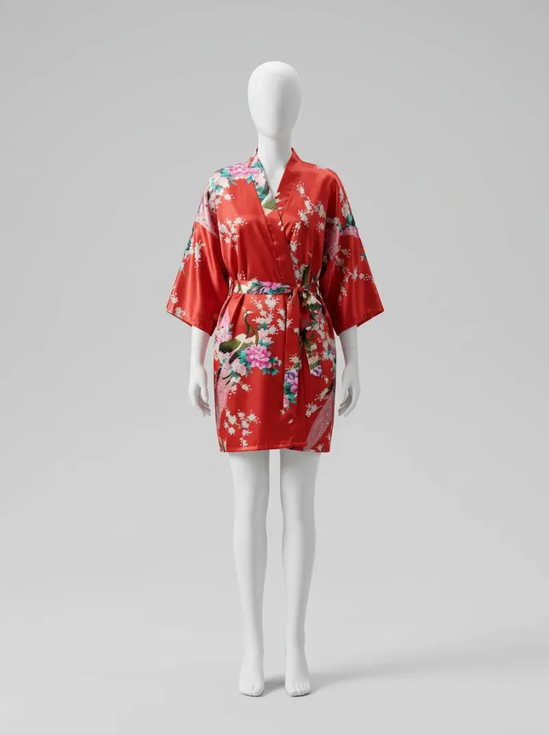 Kimono court polyester soyeux fleurs japonaises femme décontracté