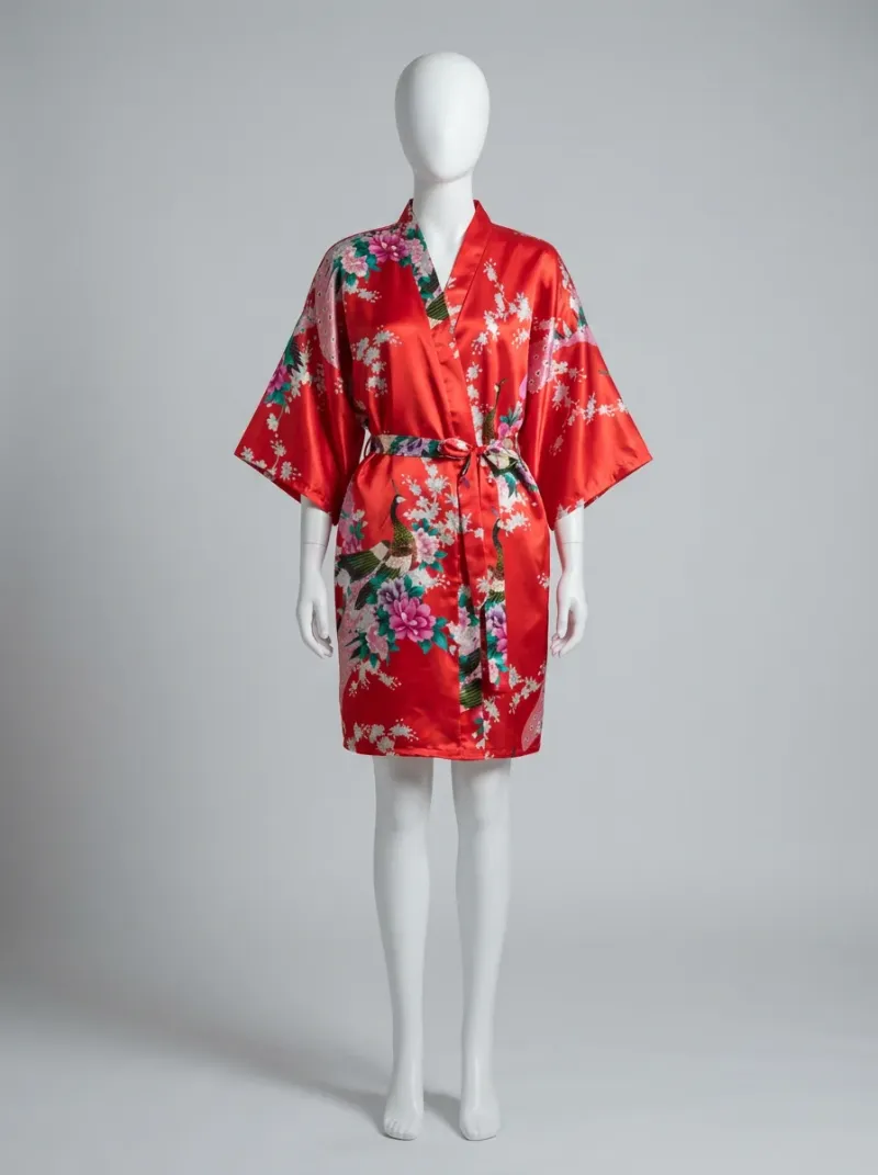Kimono court polyester soyeux fleurs japonaises femme décontracté