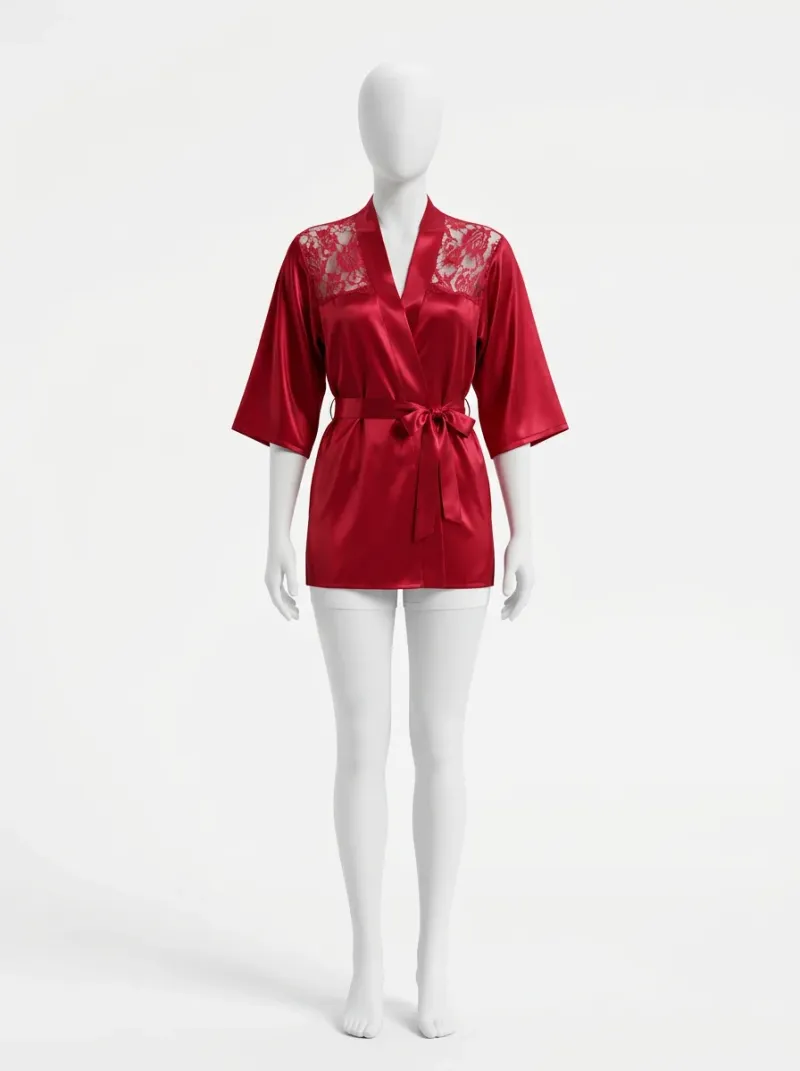 Kimono court polyester végétal soyeux dentelle nuit femme