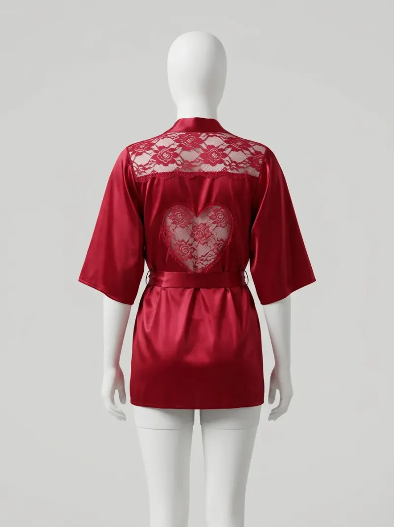 Kimono court polyester végétal soyeux dentelle nuit femme