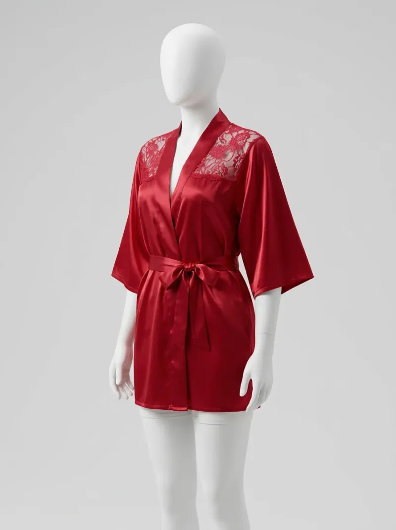 Kimono court polyester végétal soyeux dentelle nuit femme