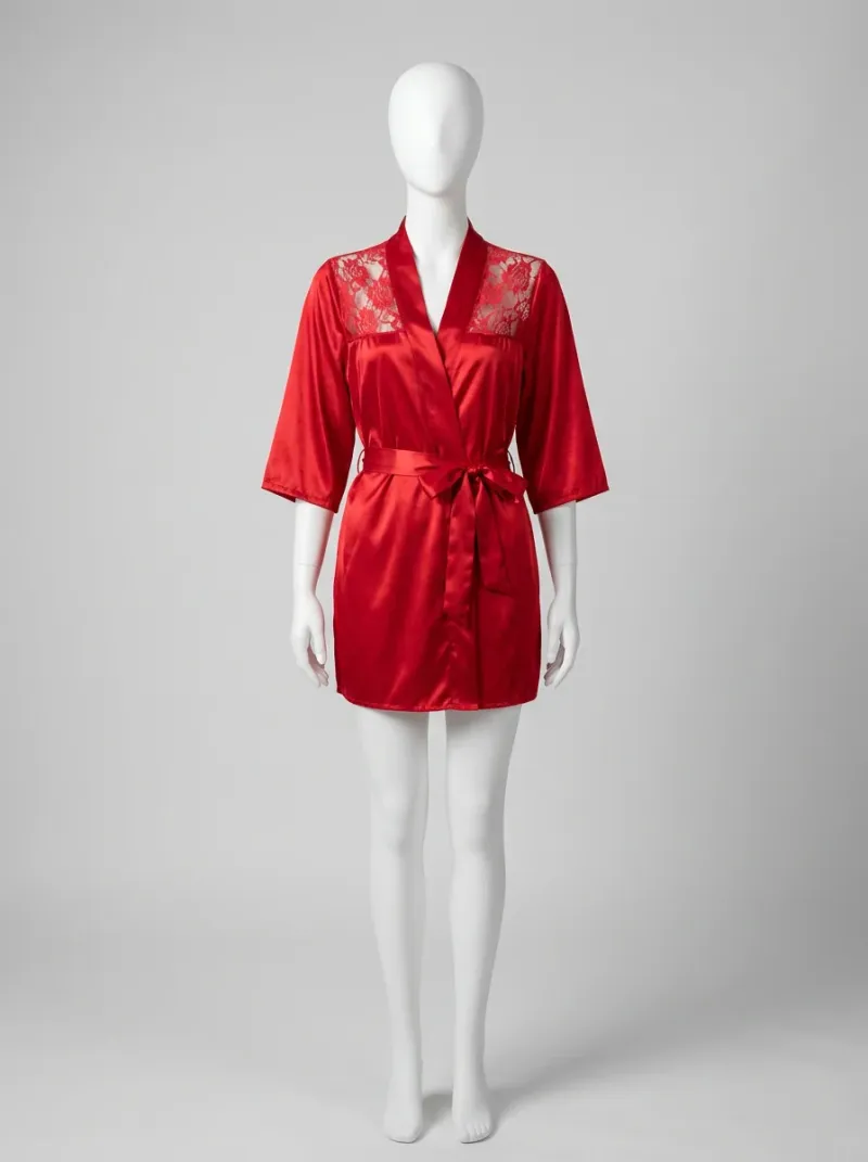 Kimono court polyester végétal soyeux dentelle nuit femme