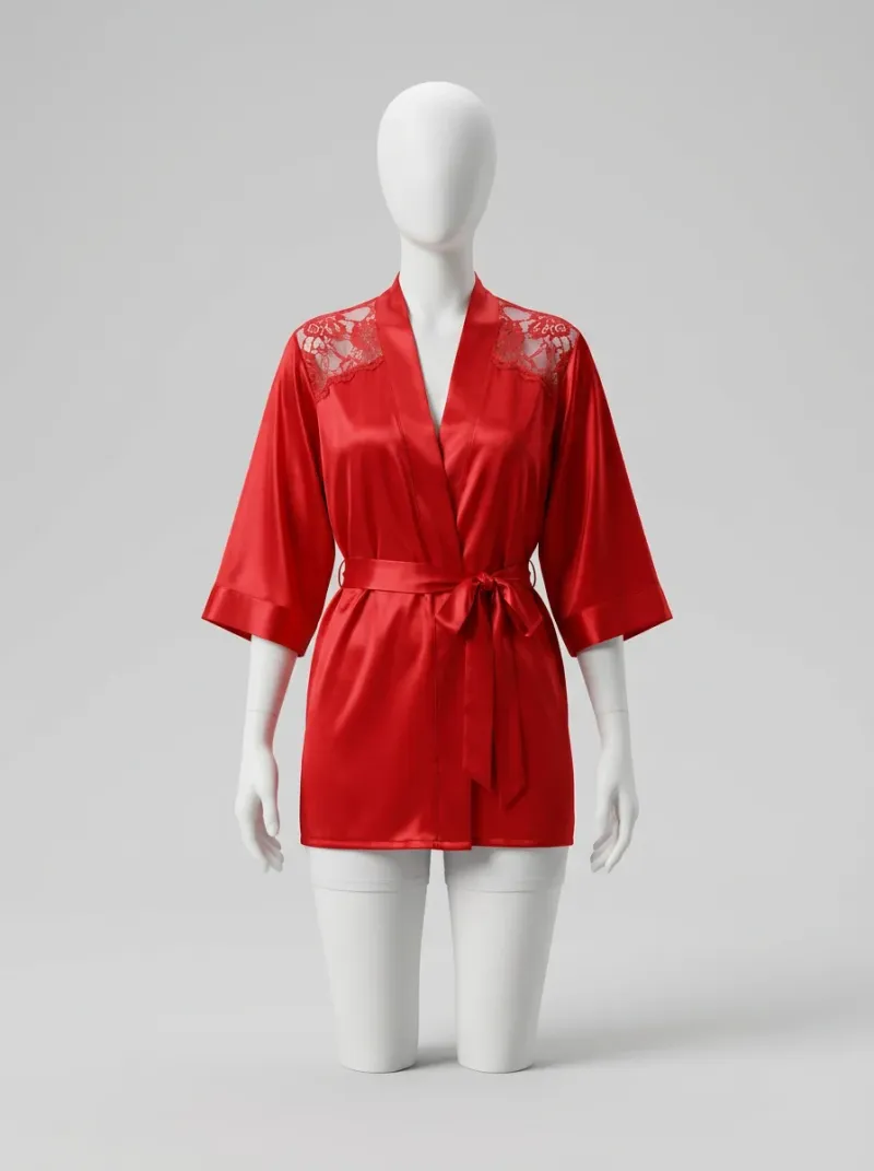 Kimono court polyester végétal soyeux dentelle nuit femme