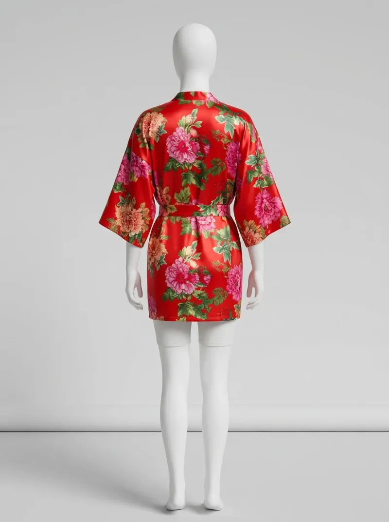 Kimono court polyester satiné floral printanier femme