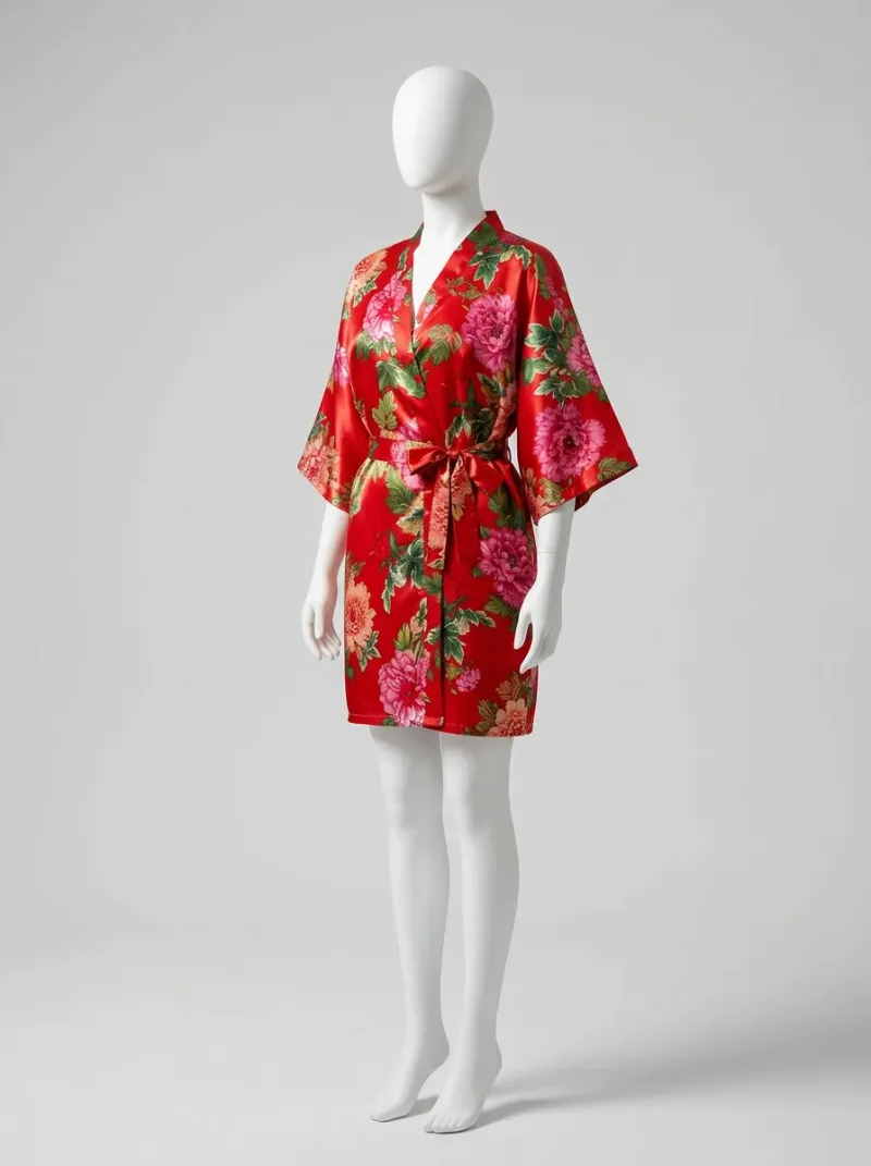 Kimono court polyester satiné floral printanier femme