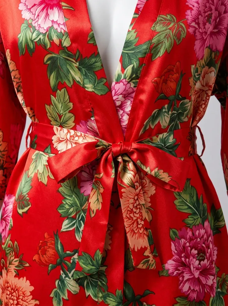 Kimono court polyester satiné floral printanier femme