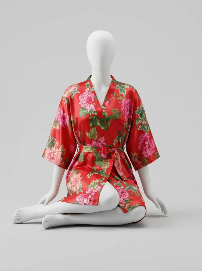 Kimono court polyester satiné floral printanier femme