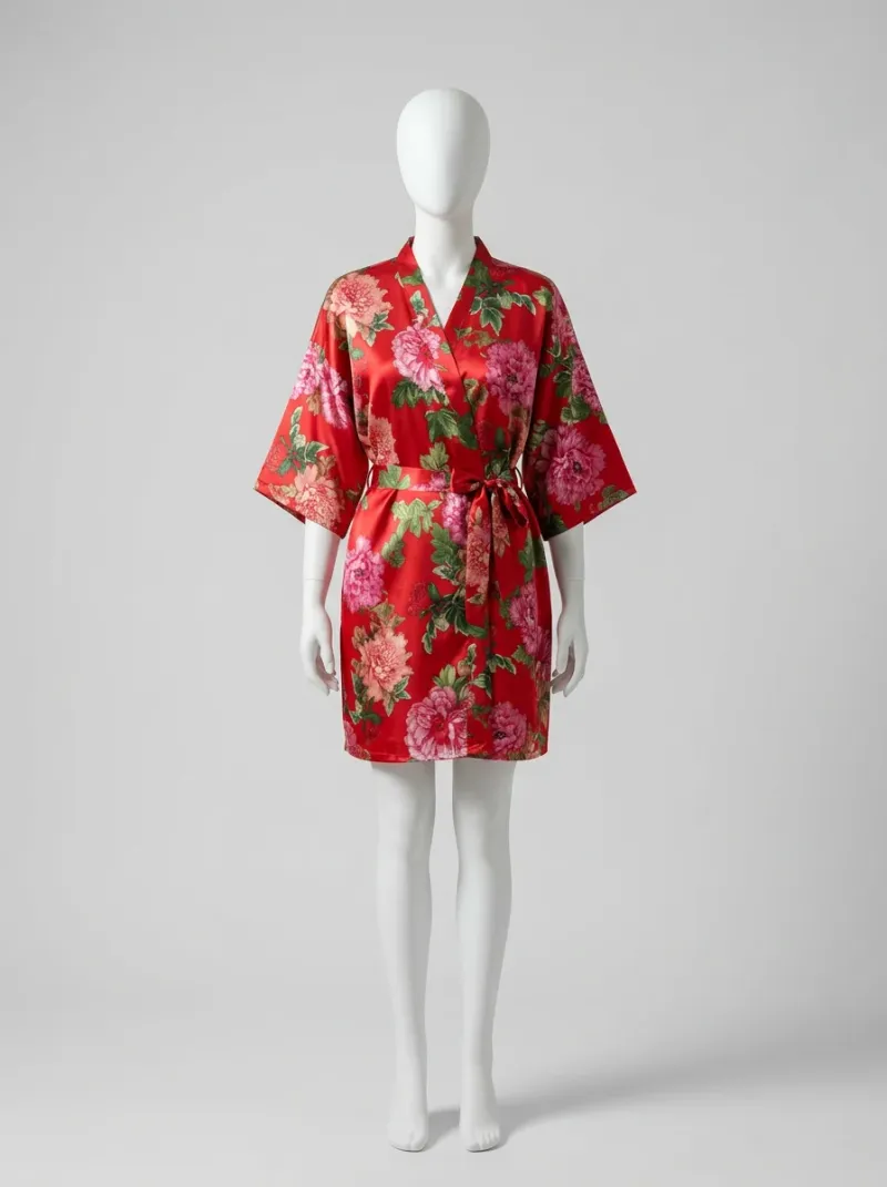 Kimono court polyester satiné floral printanier femme