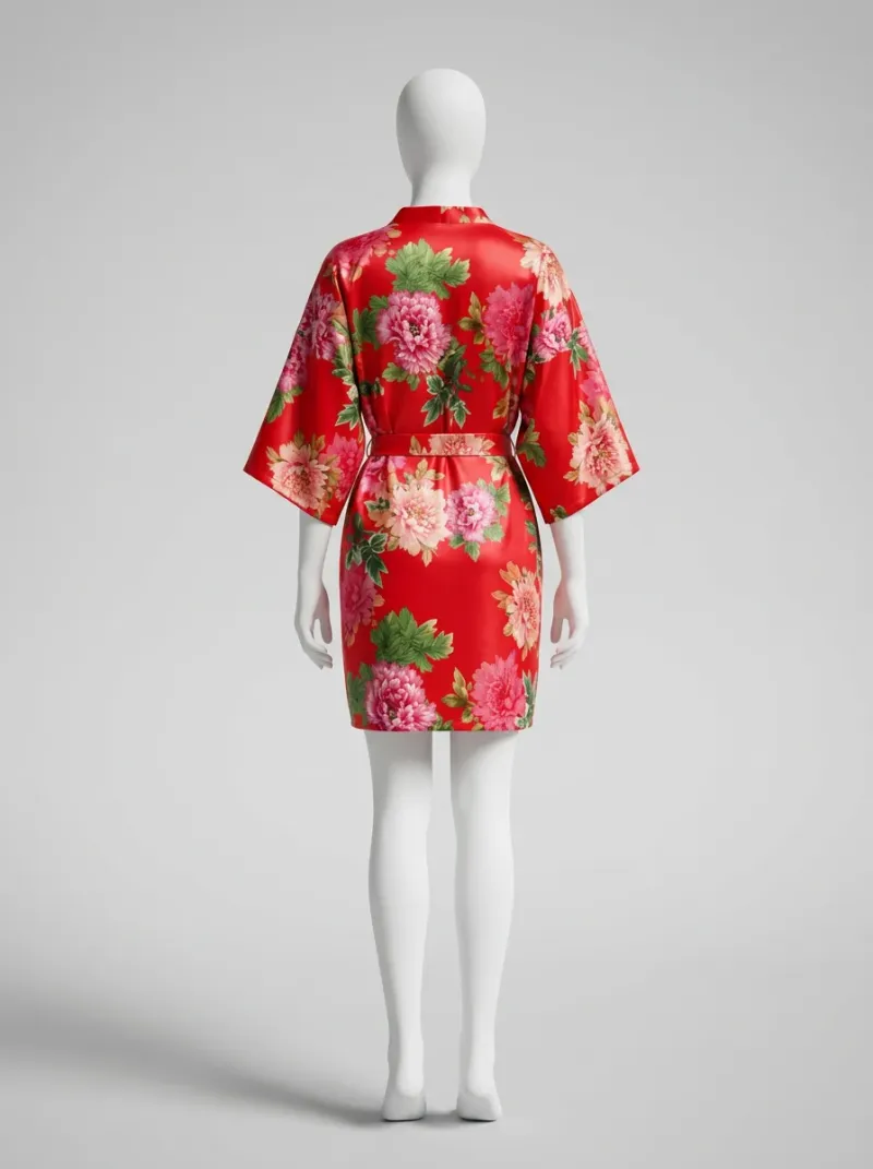 Kimono court polyester satiné floral printanier femme