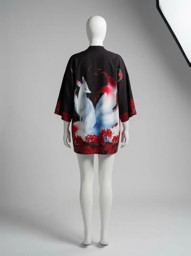 Kimono court coton polyester kitsune folklore japonais