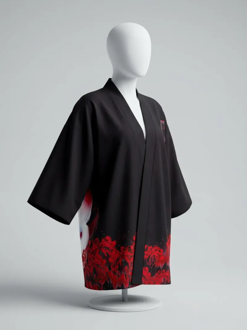 Kimono court coton polyester kitsune folklore japonais