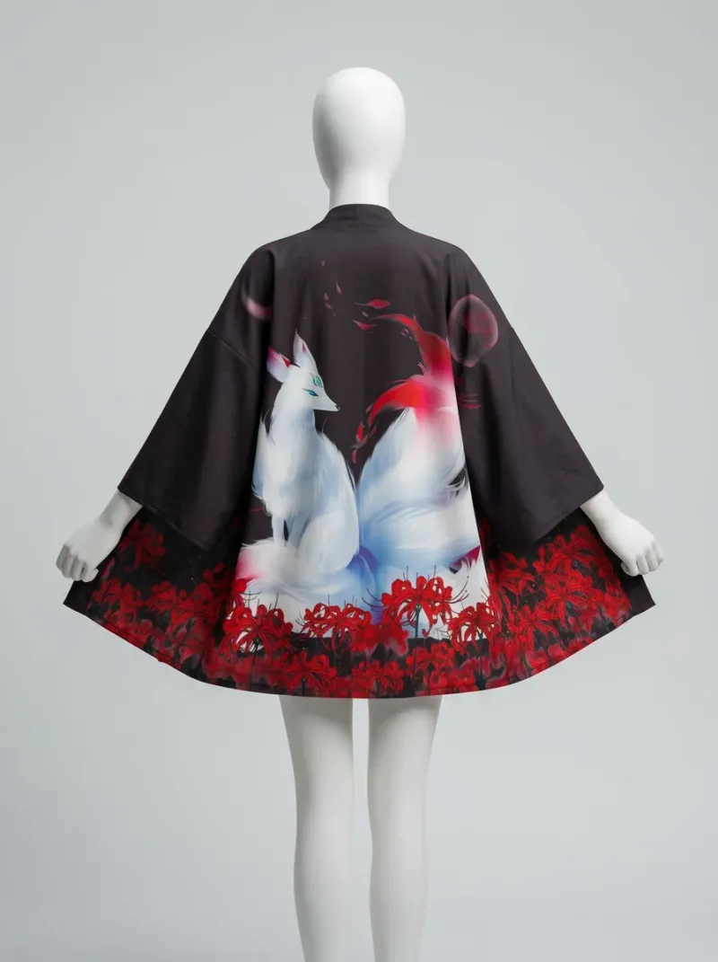 Kimono court coton polyester kitsune folklore japonais