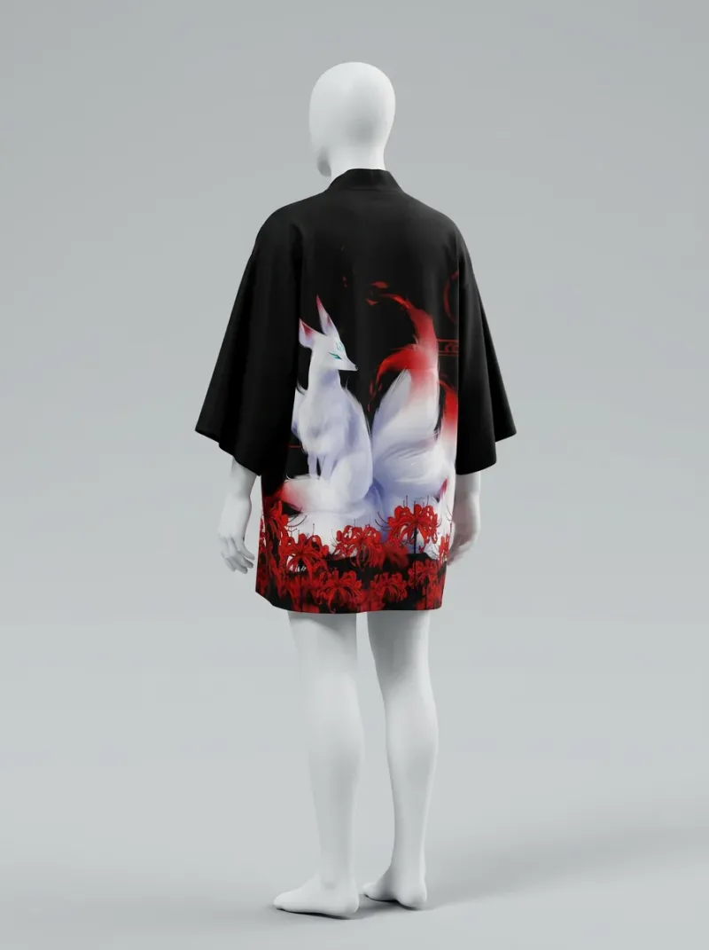 Kimono court coton polyester kitsune folklore japonais