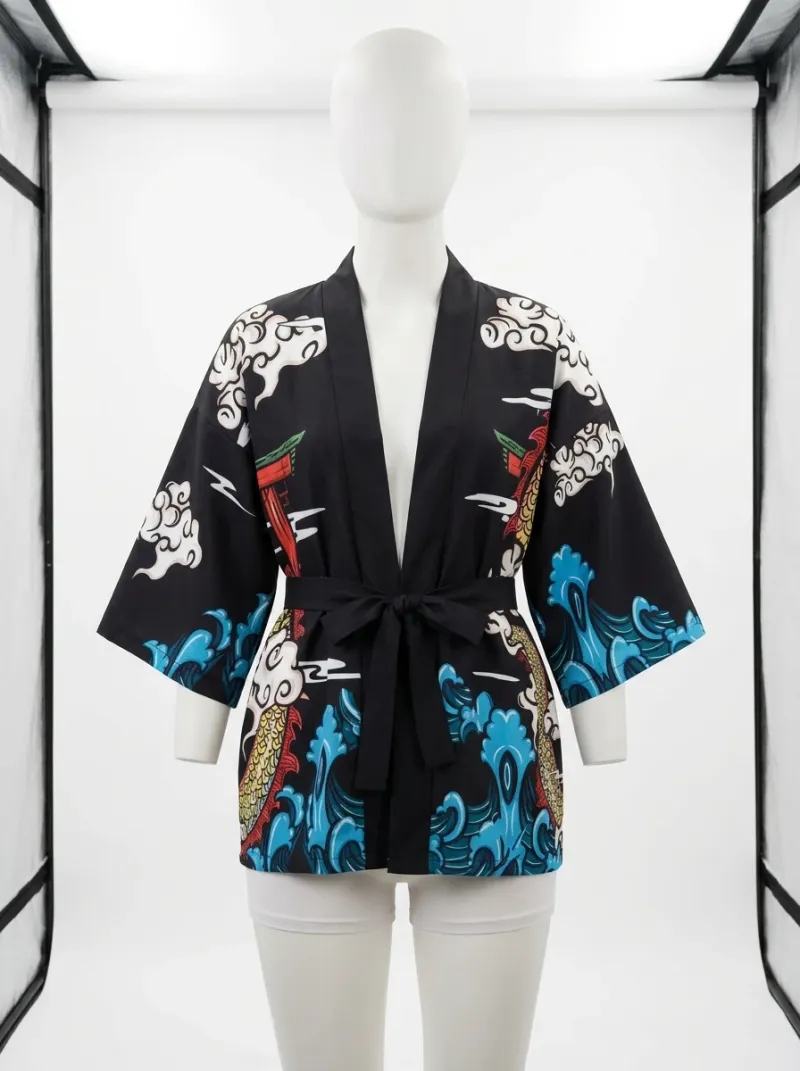 Kimono court polyester végétal dragon femme élégant
