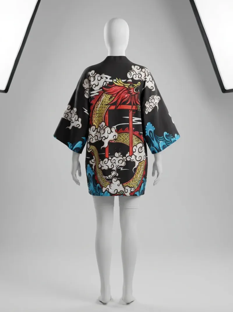 Kimono court polyester végétal dragon femme élégant