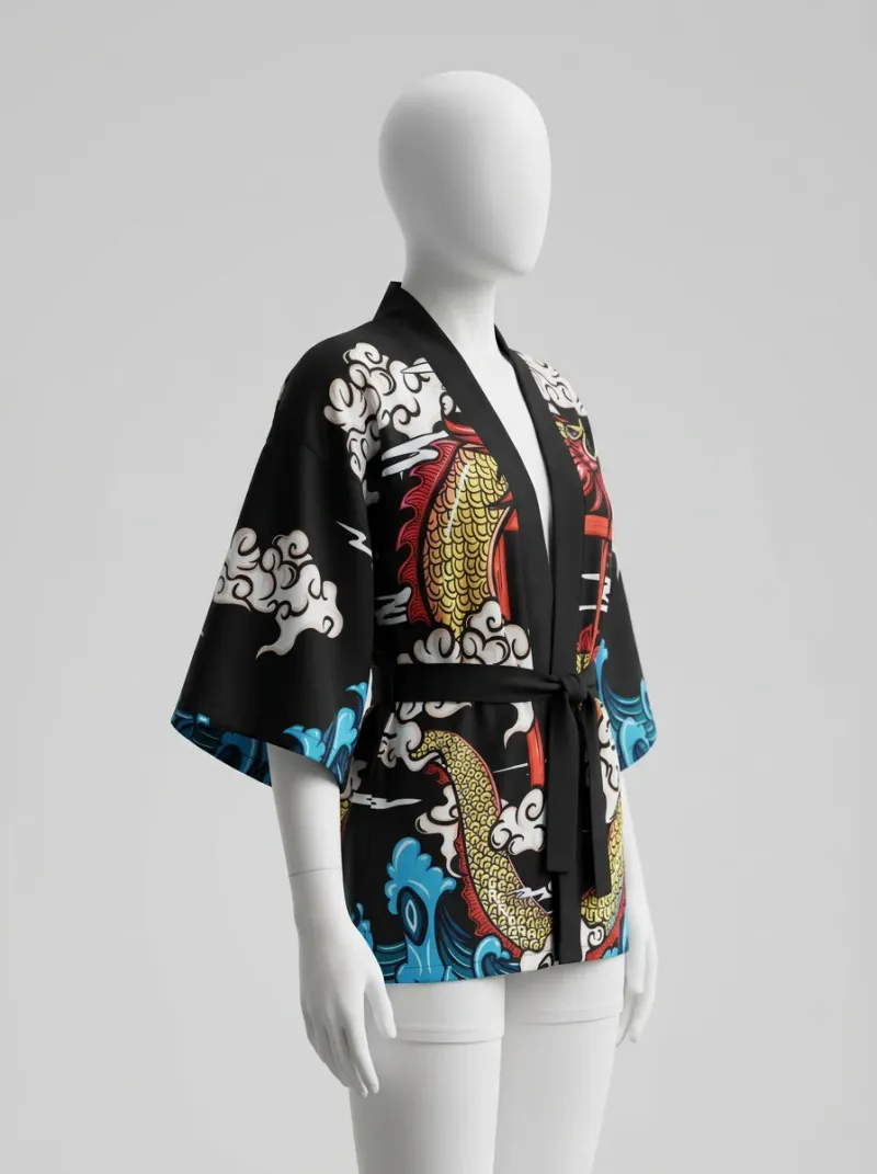 Kimono court polyester végétal dragon femme élégant