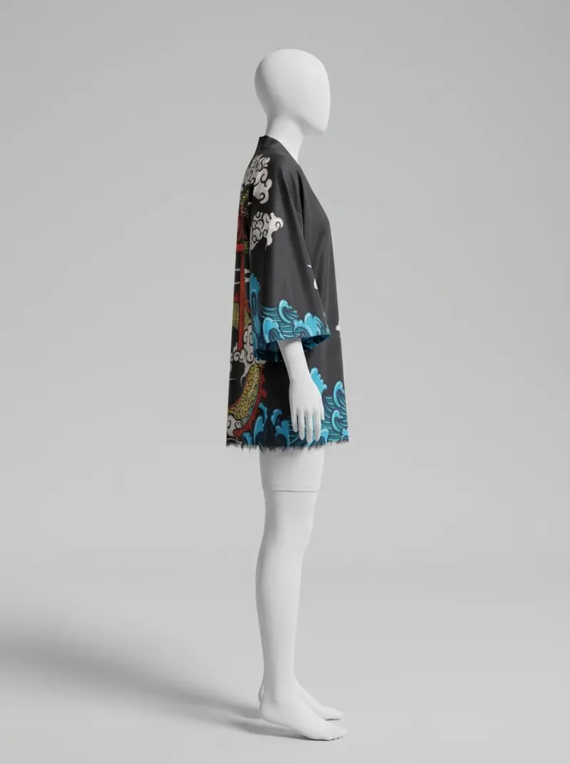 Kimono court polyester végétal dragon femme élégant