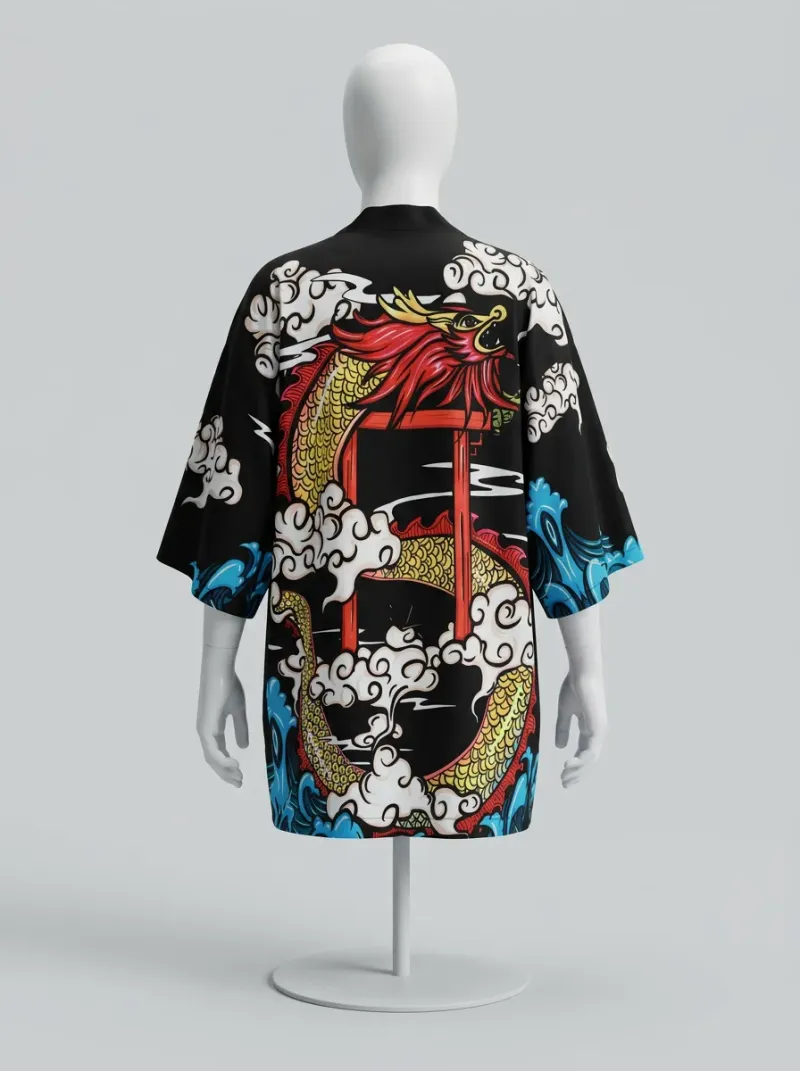 Kimono court polyester végétal dragon femme élégant