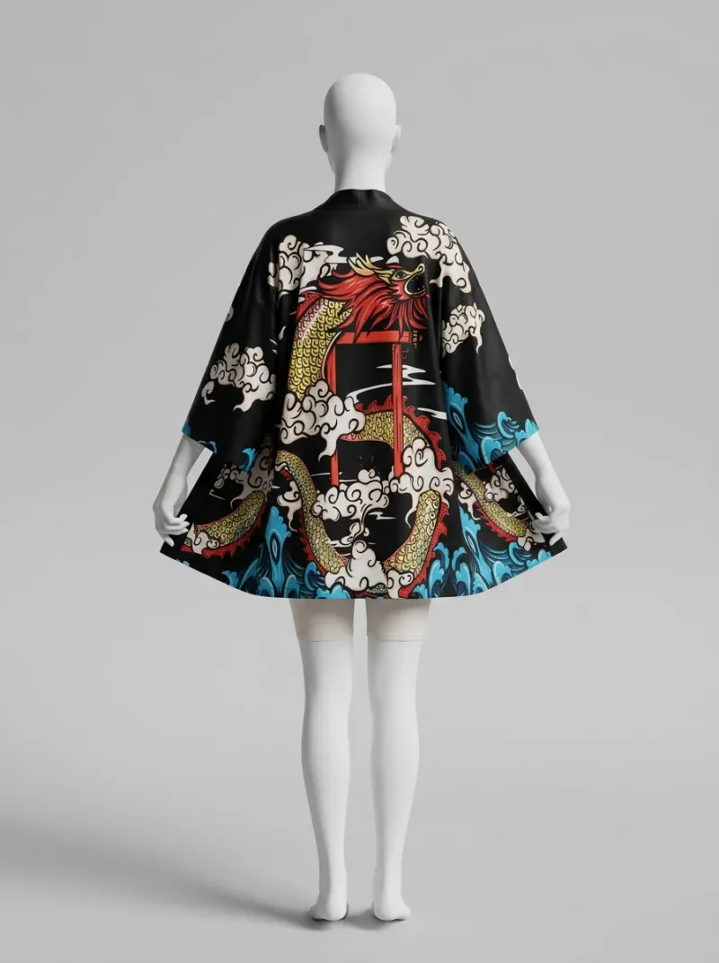 Kimono court polyester végétal dragon femme élégant