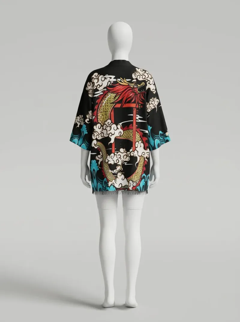 Kimono court polyester végétal dragon femme élégant