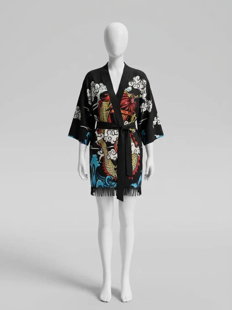 Kimono court polyester végétal dragon femme élégant