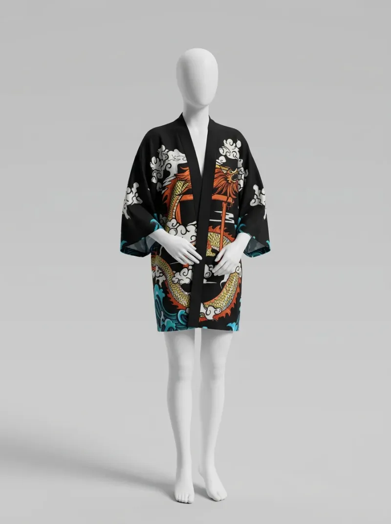 Kimono court polyester végétal dragon femme élégant