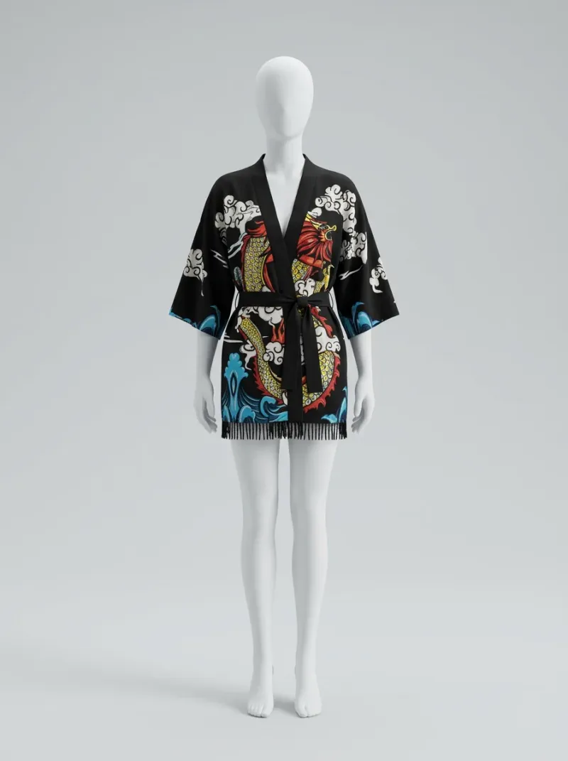 Kimono court polyester végétal dragon femme élégant