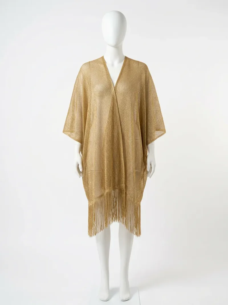 Kimono court coton polyester plage franges brillant