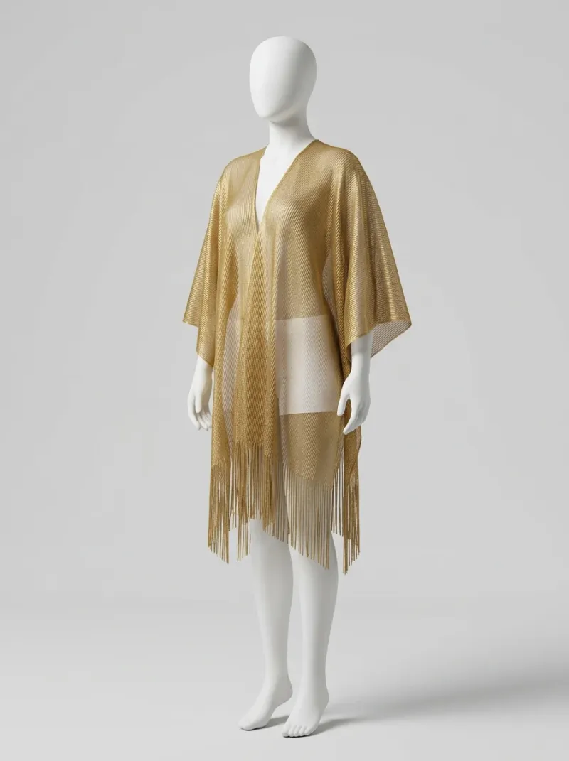 Kimono court coton polyester plage franges brillant