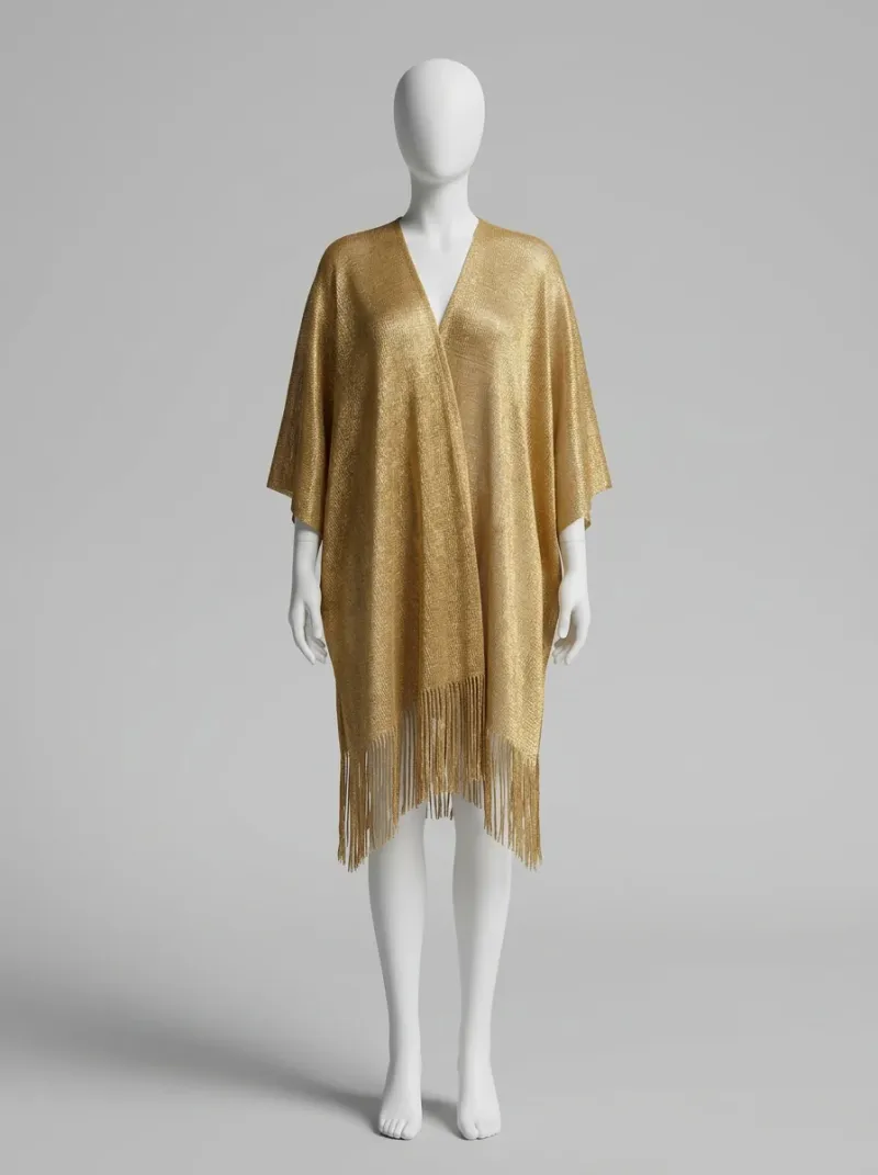 Kimono court coton polyester plage franges brillant