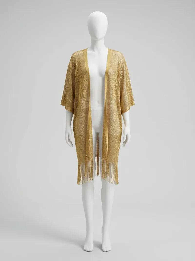 Kimono court coton polyester plage franges brillant