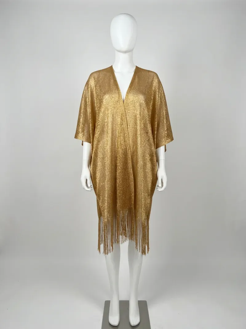 Kimono court coton polyester plage franges brillant