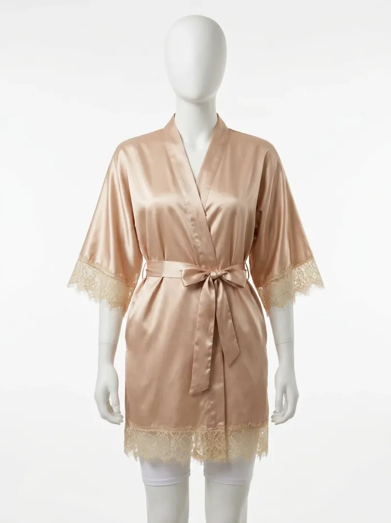 Kimono court polyester satiné dentelle femme sophistiqué