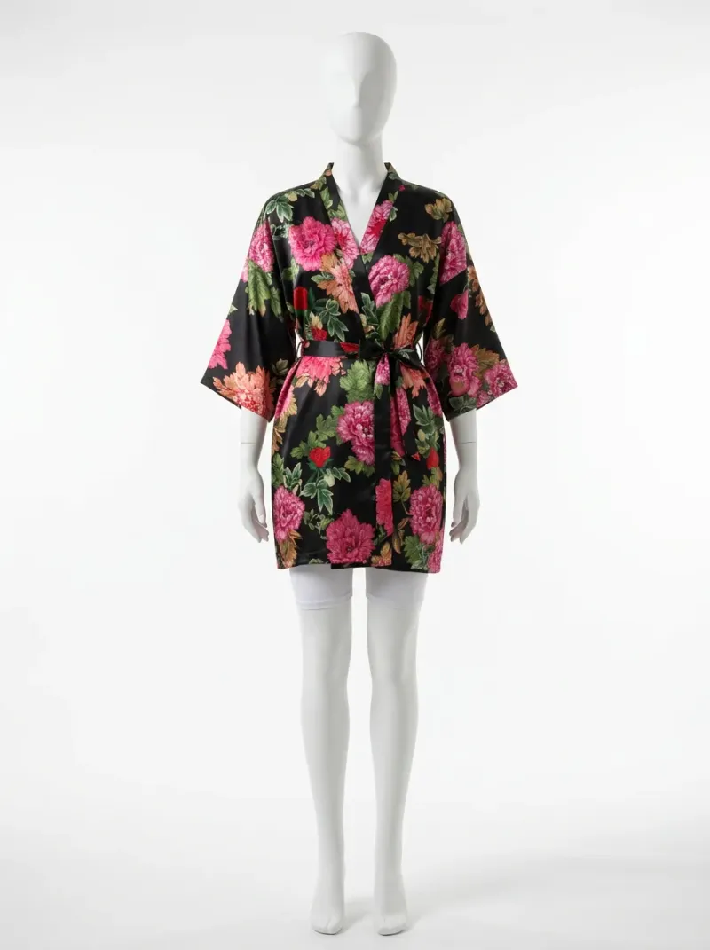 Kimono court polyester satiné femme intérieur fleuri