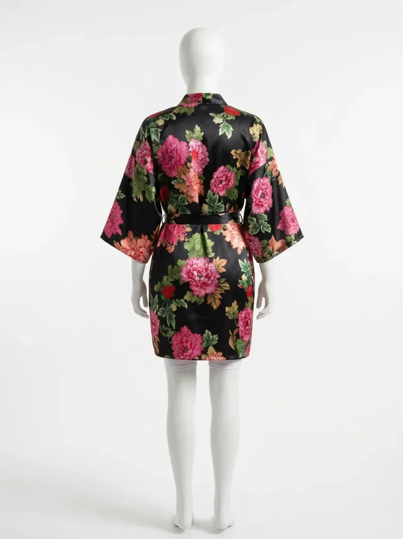 Kimono court polyester satiné femme intérieur fleuri