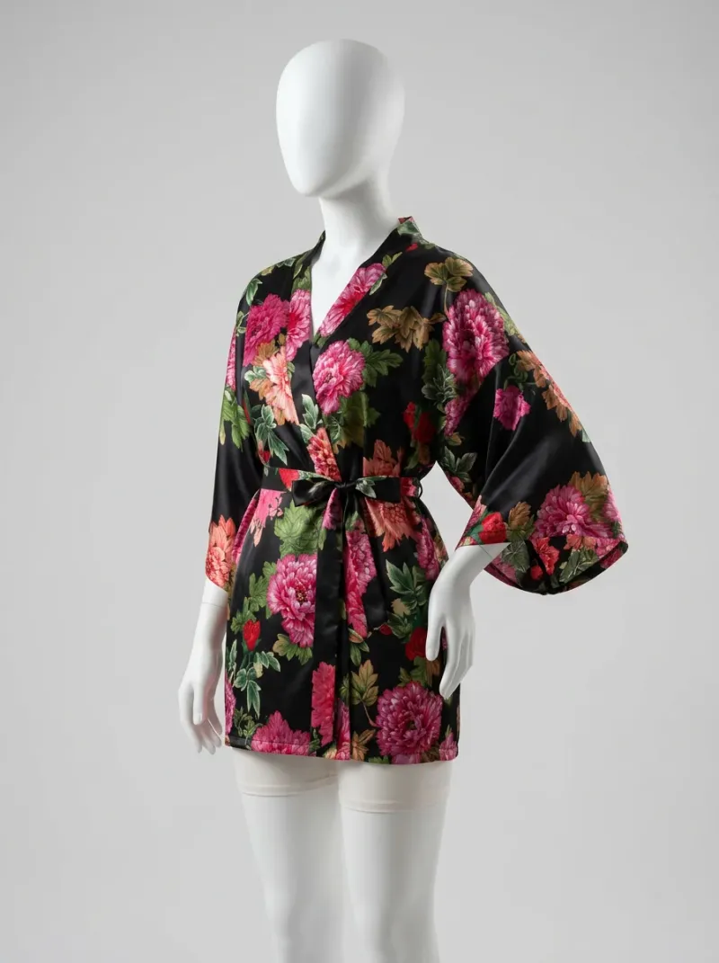 Kimono court polyester satiné femme intérieur fleuri