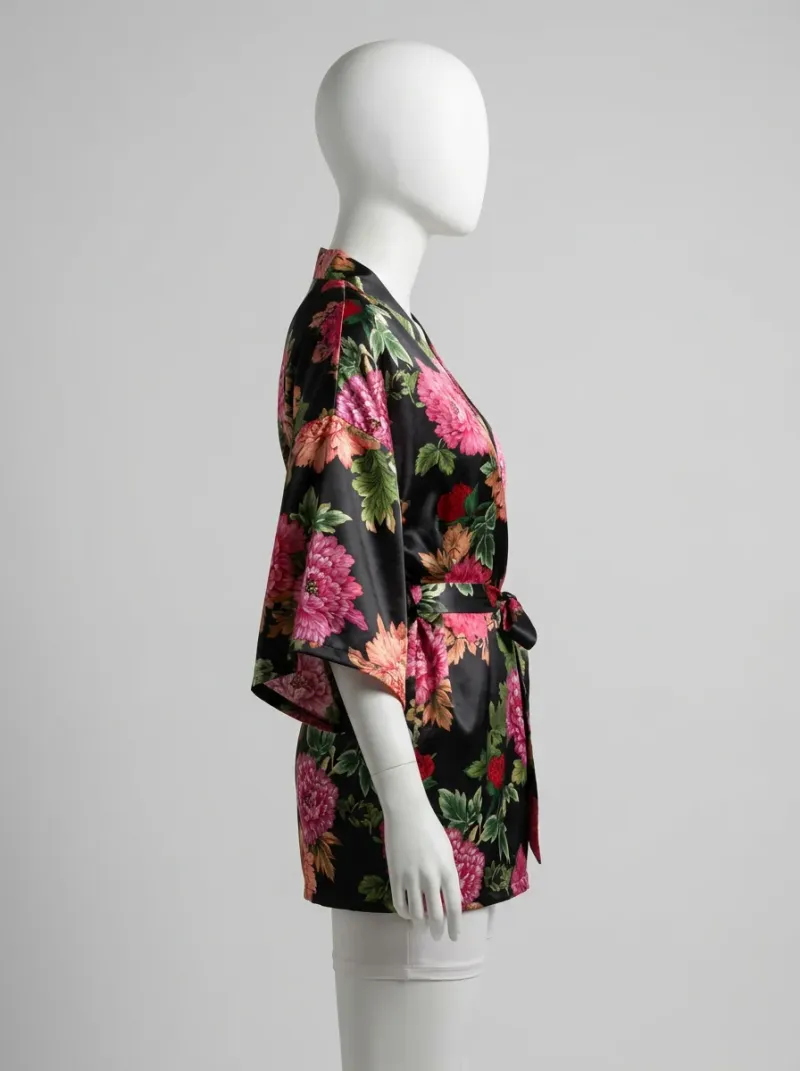 Kimono court polyester satiné femme intérieur fleuri