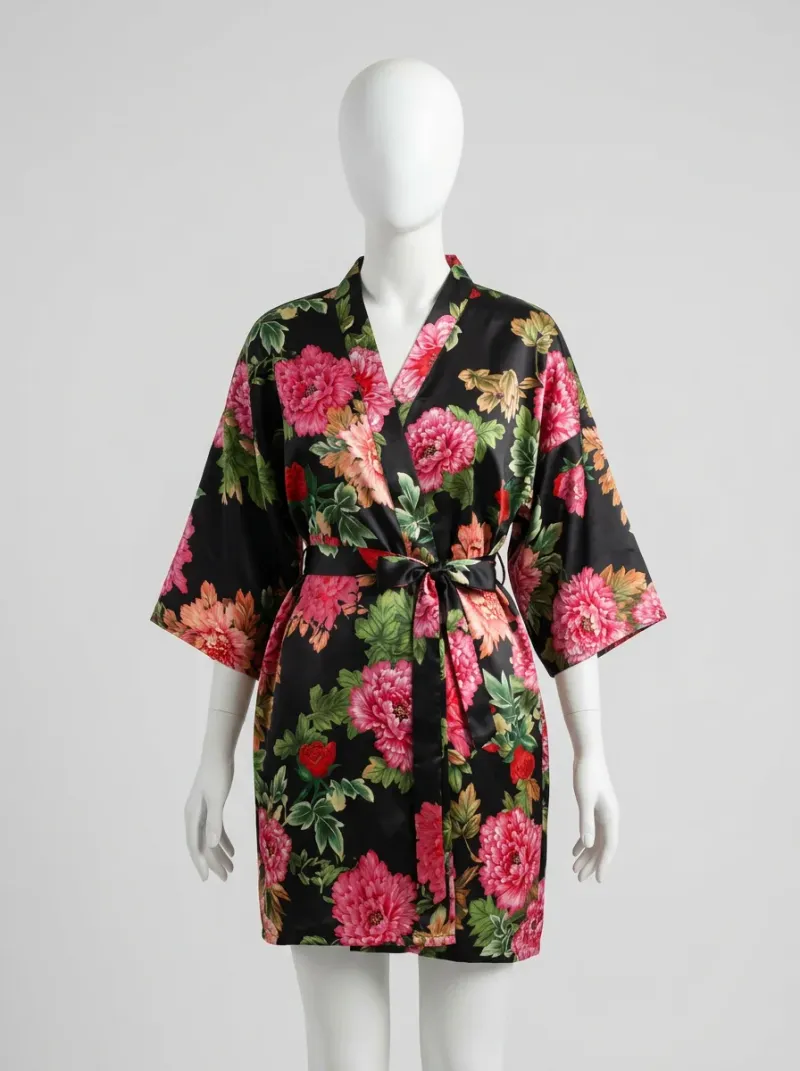 Kimono court polyester satiné femme intérieur fleuri