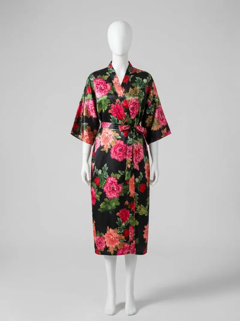 Kimono court polyester satiné femme intérieur fleuri